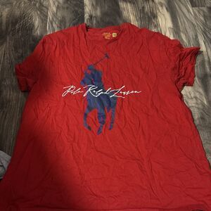 POLO RALPH LAUREN Red Blue Logo Big Horse T-Shirt Classic Fit Crewneck Medium